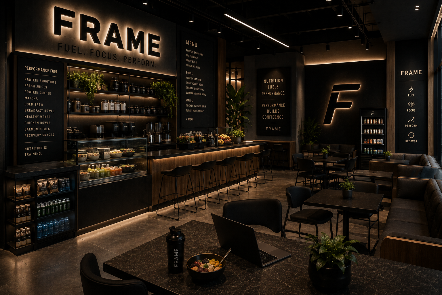 FRAME café counter with smoothies, juices and grab-and-go bowls