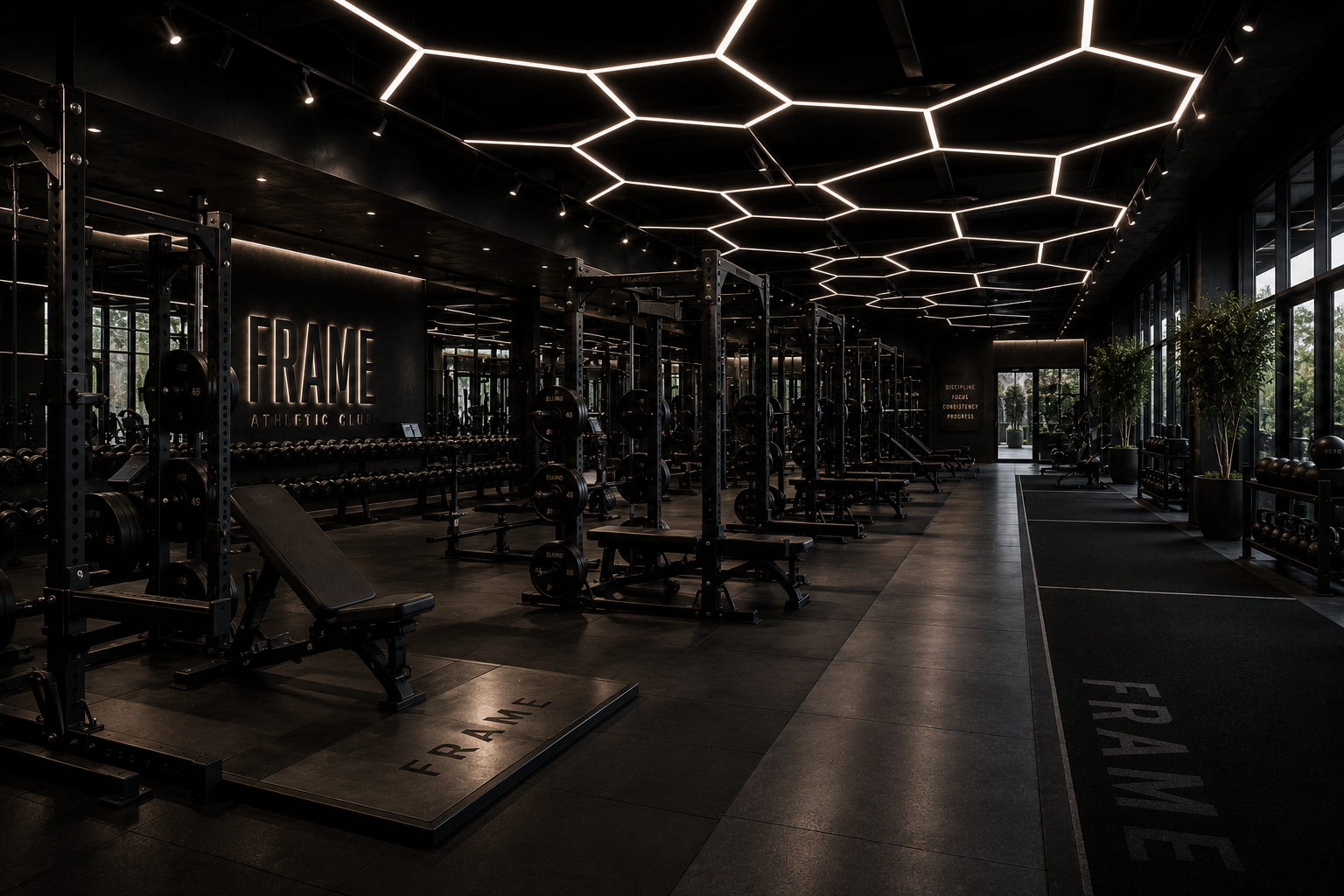 Main strength floor beneath a floating hexagon light installation