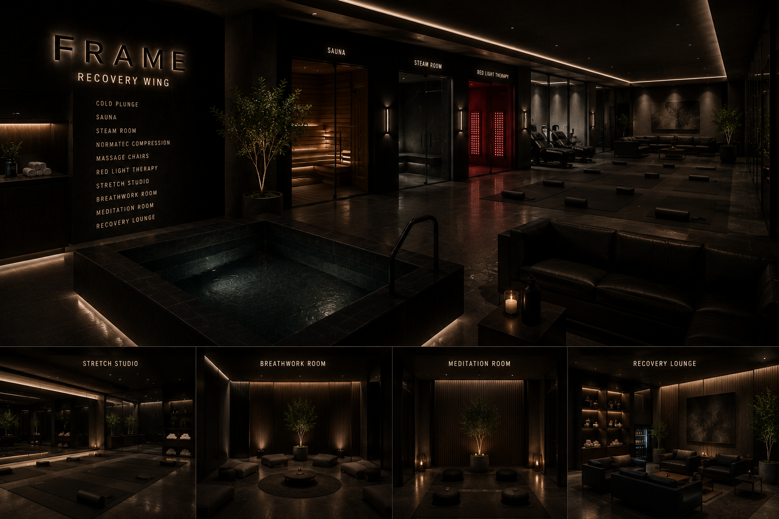 Recovery wing with cold plunge, sauna, steam room and red light therapy