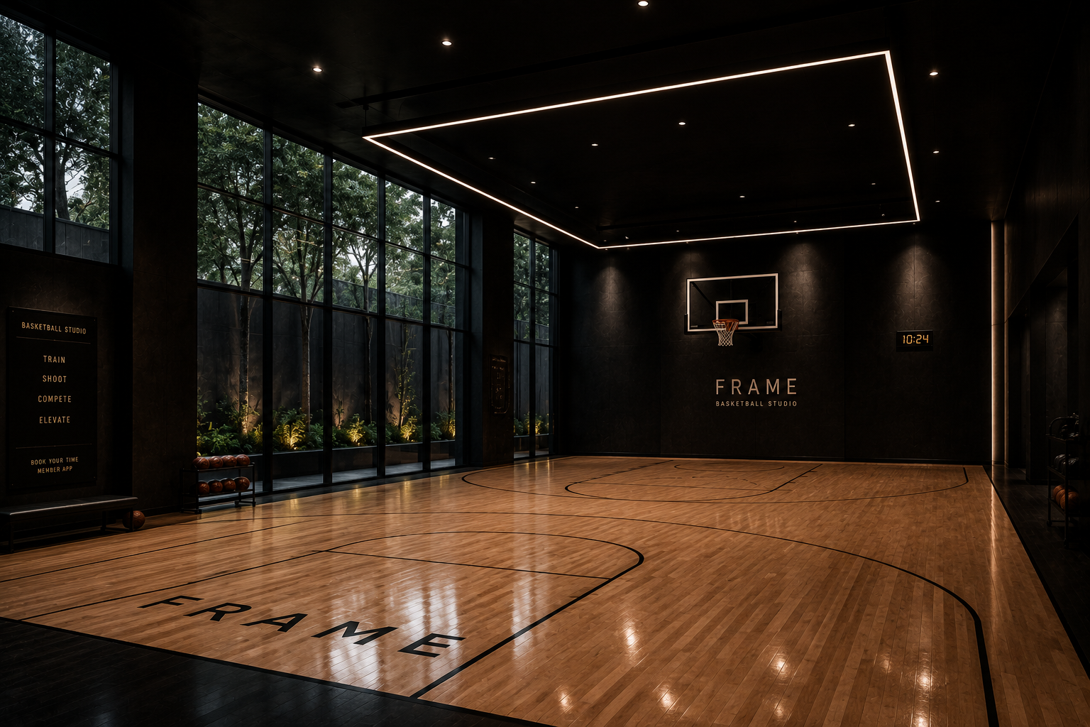 Full-size hardwood basketball court with floor-to-ceiling glass