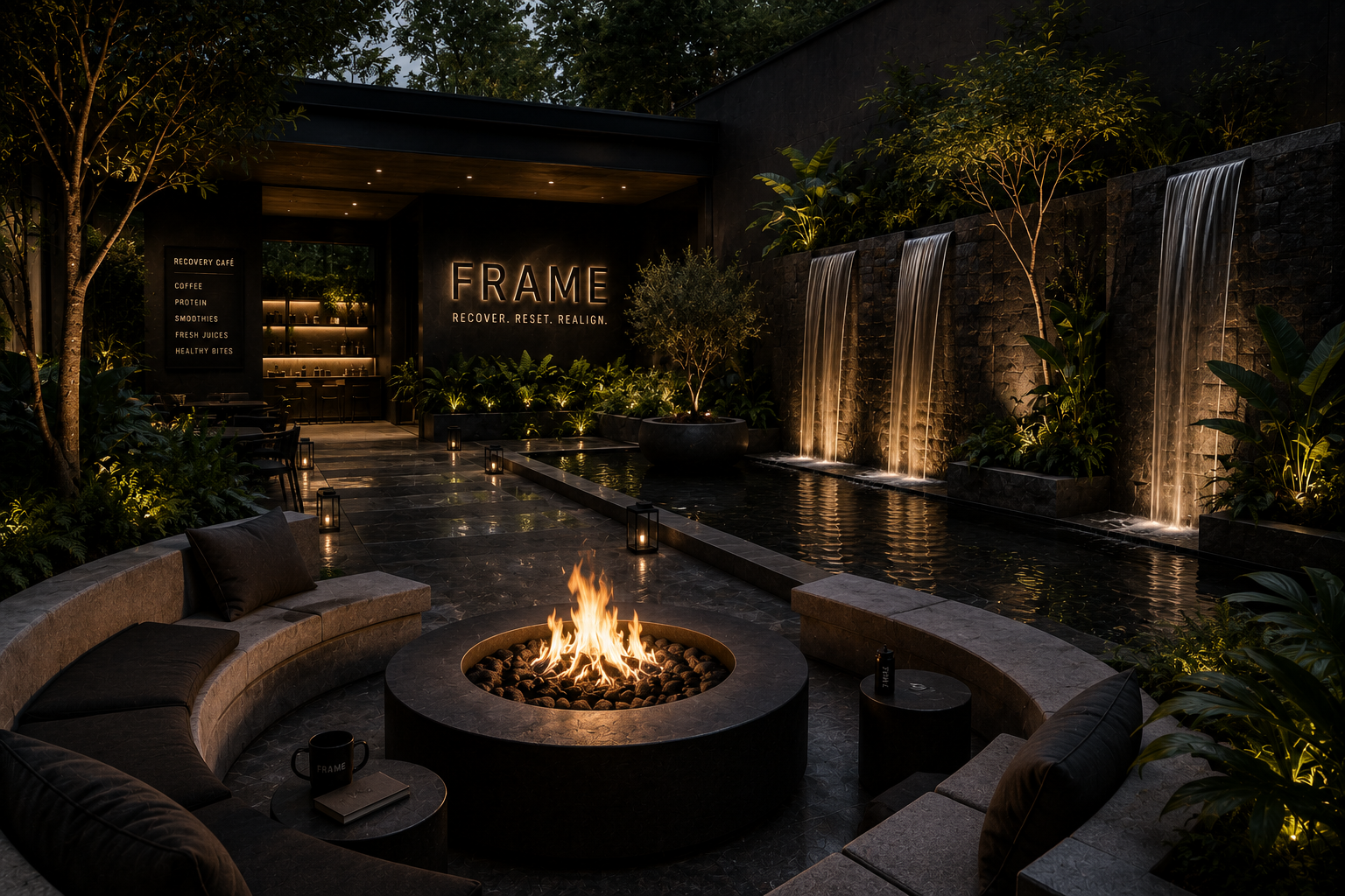 Recovery courtyard fire pit and water feature at night