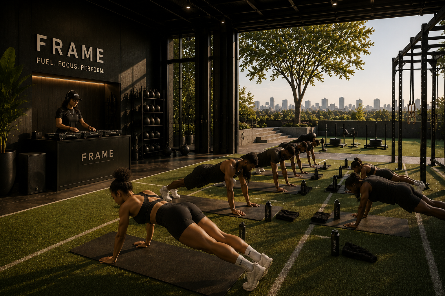 Outdoor-facing turf training room, open to the skyline, with a DJ booth