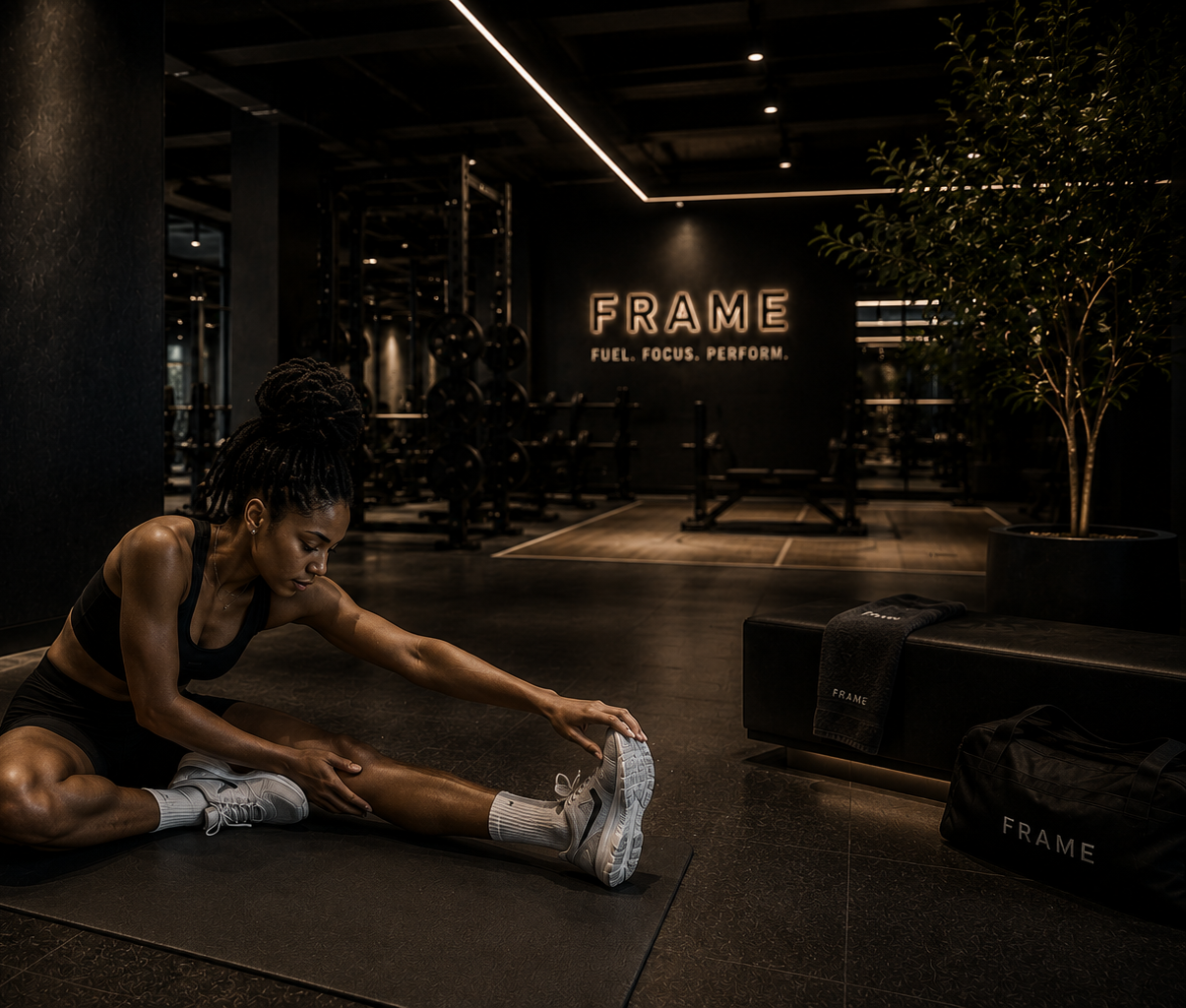 Member stretching quietly on the strength floor before training