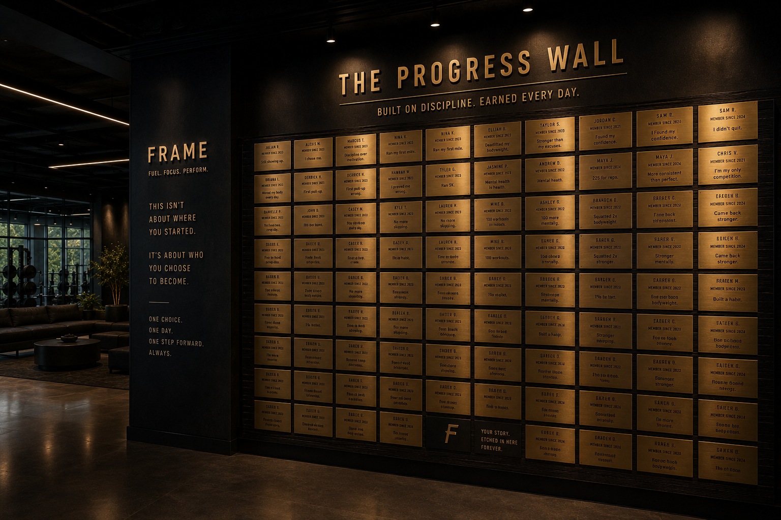 The Progress Wall, a lounge beside a wall of engraved brass plaques