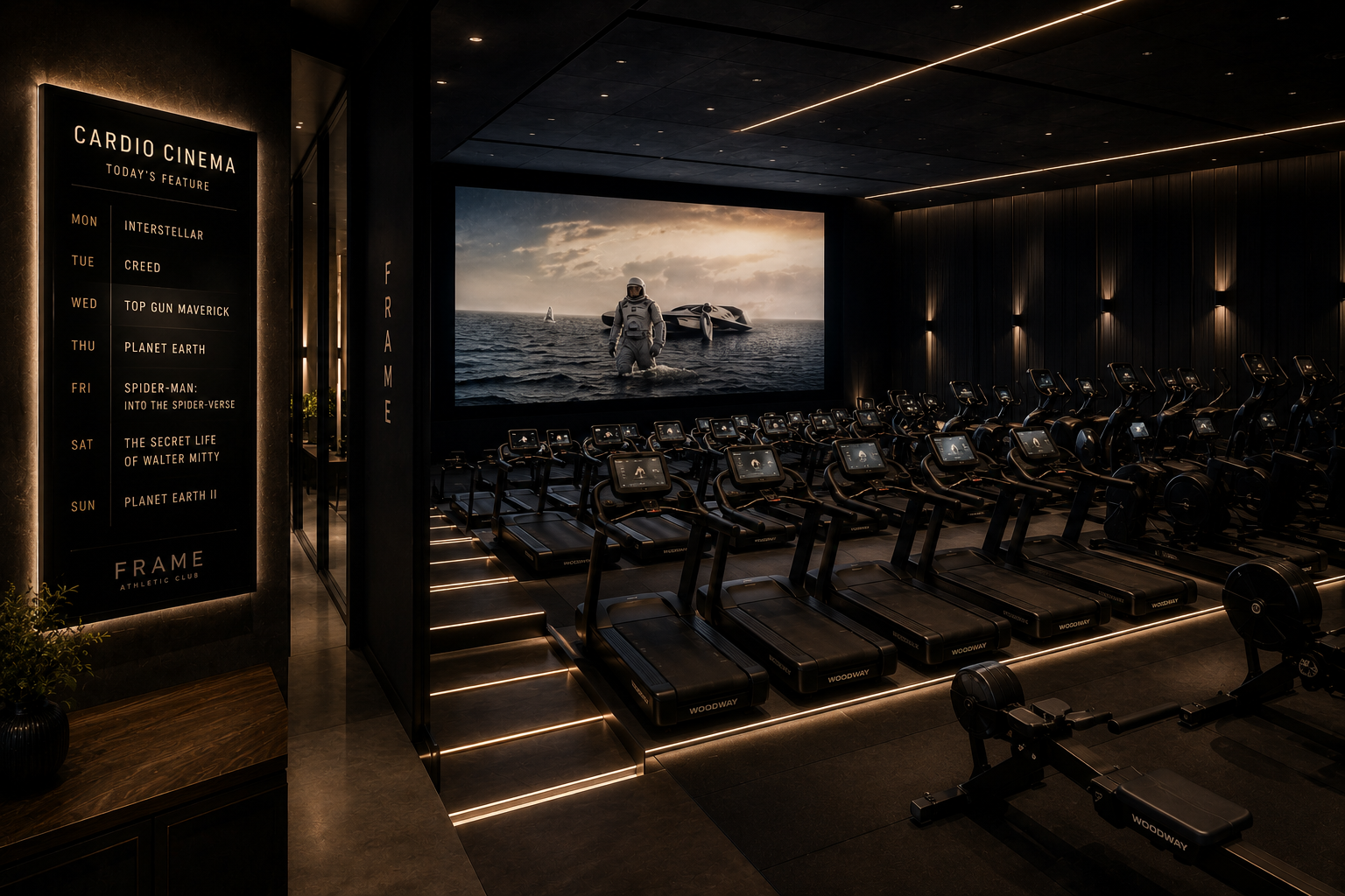 Tiered cardio theater with a cinema screen above rows of treadmills