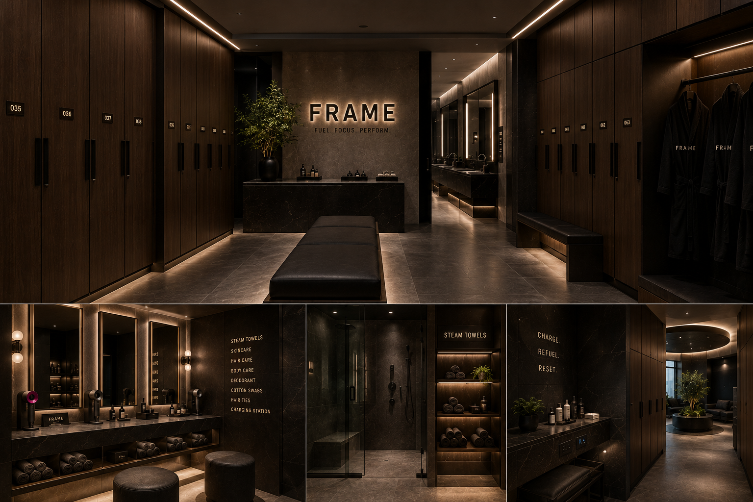 Locker room with walnut lockers and marble grooming counter