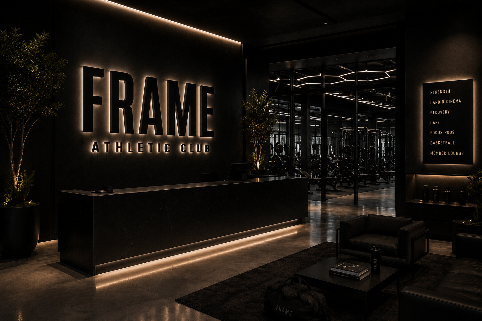 FRAME reception desk, lit signage reading FRAME ATHLETIC CLUB